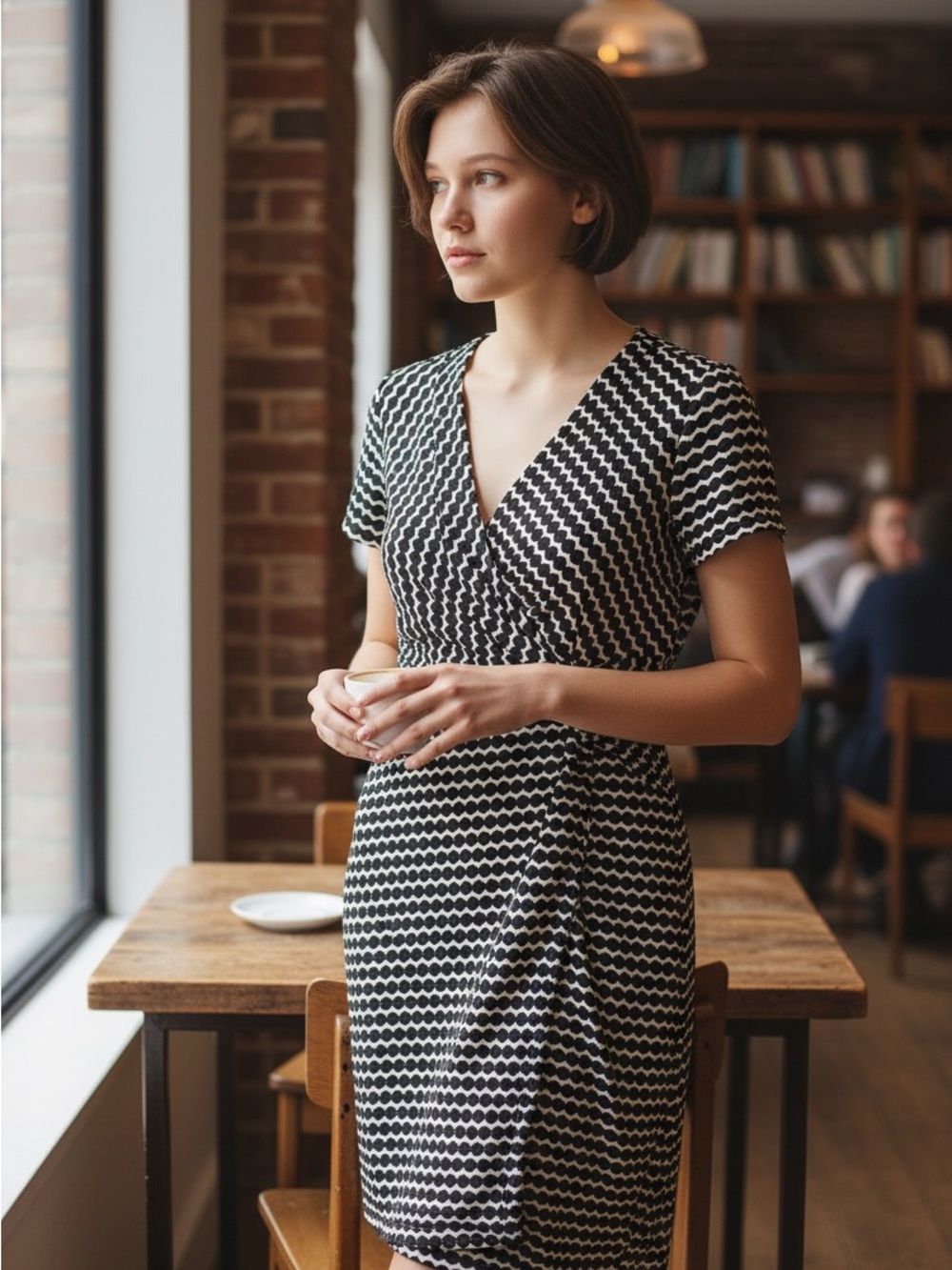 Gabby Skye Black and White Geometric Wrap Midi Dress Size 10